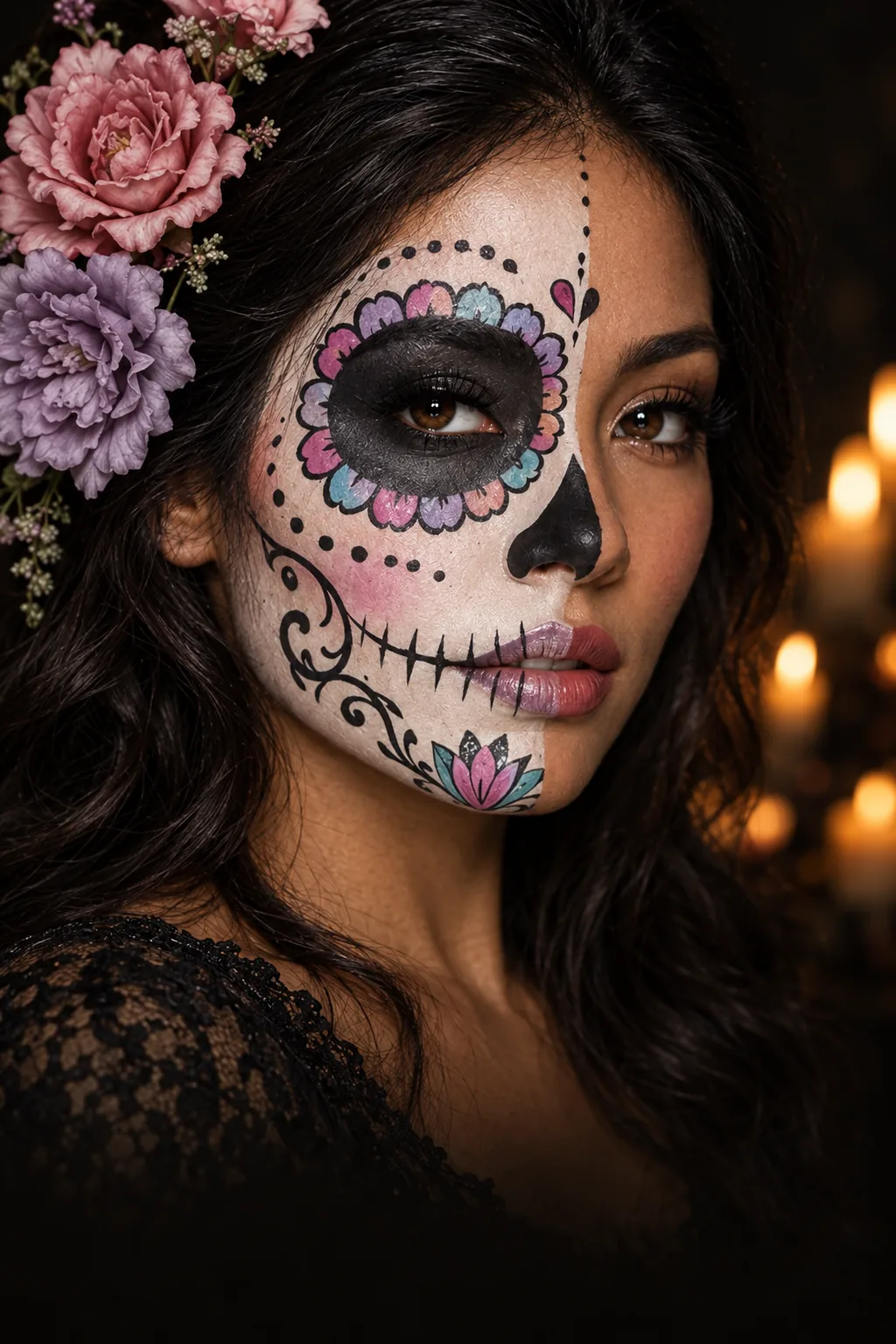 Halloween-Schminkidee: Catrina-Look auf einer Gesichtshälfte mit Blüten