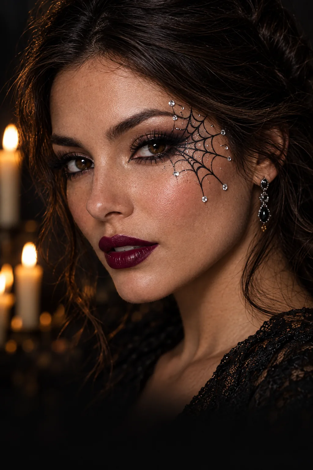 Halloween-Schminkidee: feines Spinnennetz am Auge mit Strasssteinen