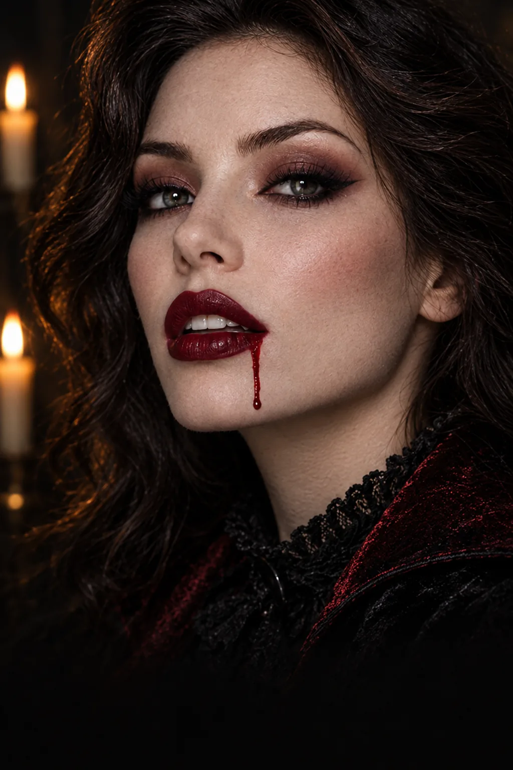 Halloween-Schminkidee: Vampirin mit dunkelroten Lippen
