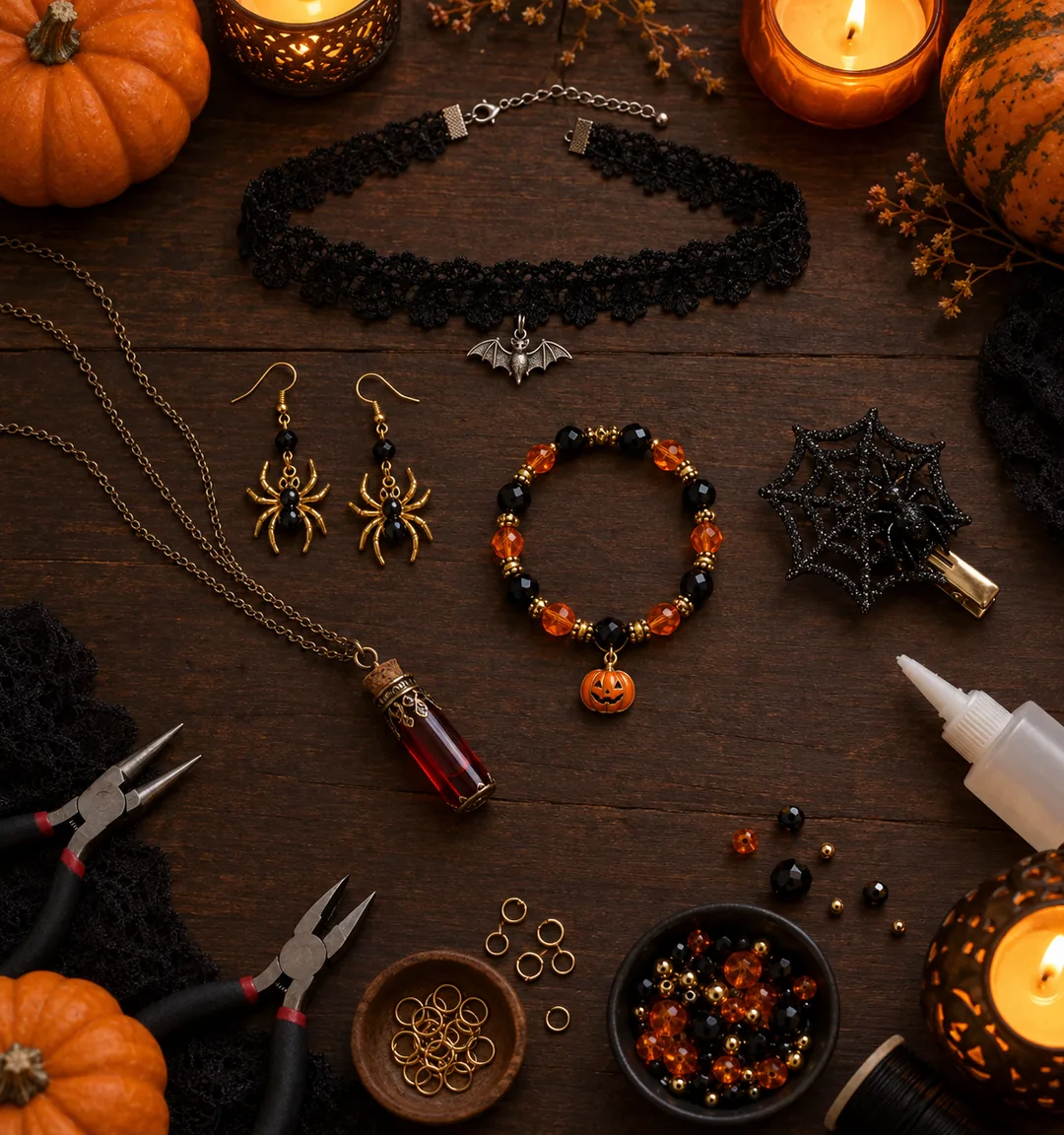 Halloween-Schmuck zum Selbermachen: Spitzenchoker, Spinnen-Ohrringe und Kürbis-Armband